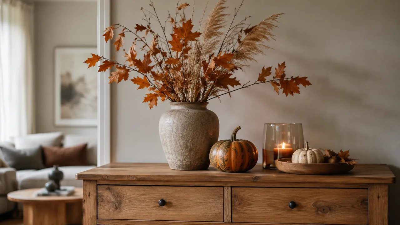 Herbstdeko für die Kommode mit Vase, Kürbissen, Kerze und natürlichen Zweigen im warmen Wohnzimmer.