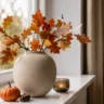 Herbstdeko für die Fensterbank mit Vase, Herbstlaub, Kürbis und Kerzenlicht.