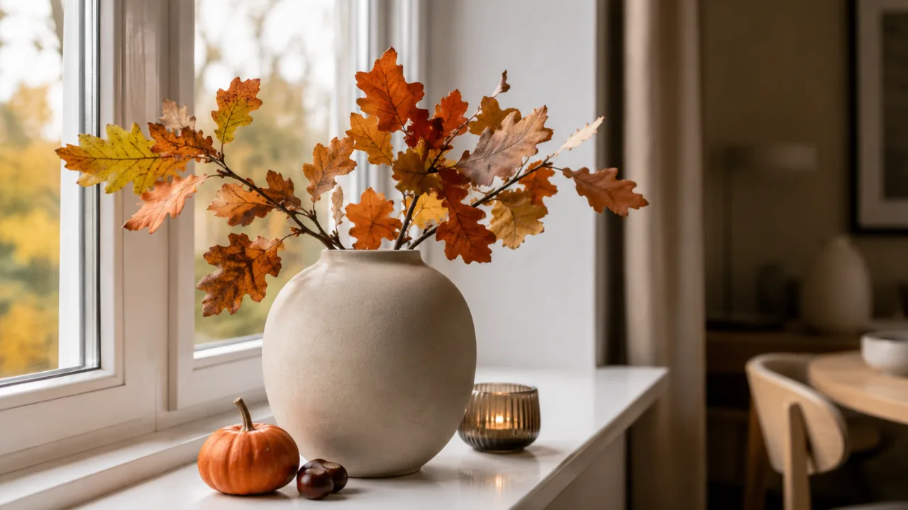 Herbstdeko für die Fensterbank mit Vase, Herbstlaub, Kürbis und Kerzenlicht.