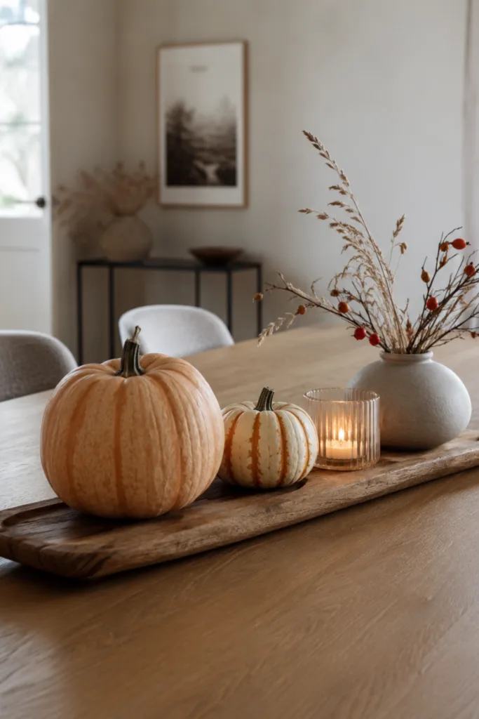 Herbstdeko für den Esstisch – 5 Ideen, die Platz und Gemütlichkeit verbinden Herbstdeko für den Esstisch mit Kürbissen, Windlicht und Vase auf einem länglichen Holztablett.