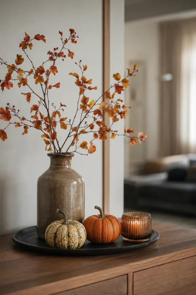 Herbstdeko für die Kommode – 5 Ideen für mehr Wärme und Gemütlichkeit Herbstdeko für die Kommode mit Vase, Zweigen, Kürbissen und Kerzenlicht.