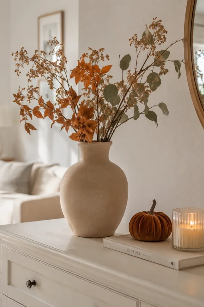 Herbstdeko für die Kommode – 5 Ideen für mehr Wärme und Gemütlichkeit Herbstdeko für die Kommode mit beiger Vase, rostfarbenem Kürbis und warmem Kerzenlicht.