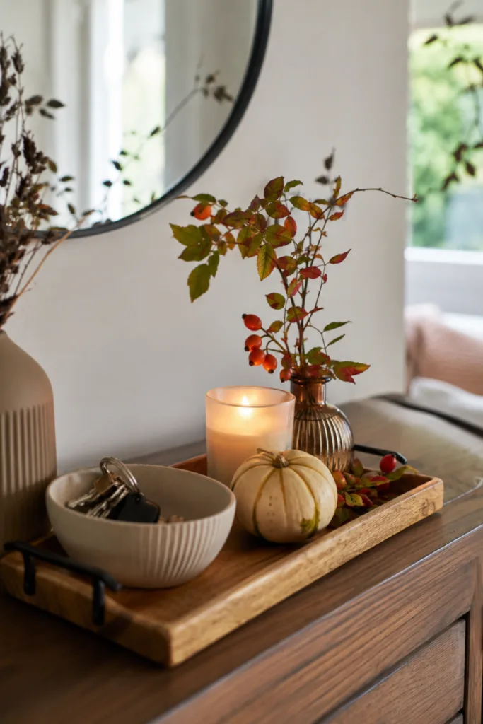 Herbstdeko für die Kommode – 5 Ideen für mehr Wärme und Gemütlichkeit Herbstdeko für die Kommode mit Tablett, Kerze, Kürbis, Zweigen und einer Schale für Schlüssel.