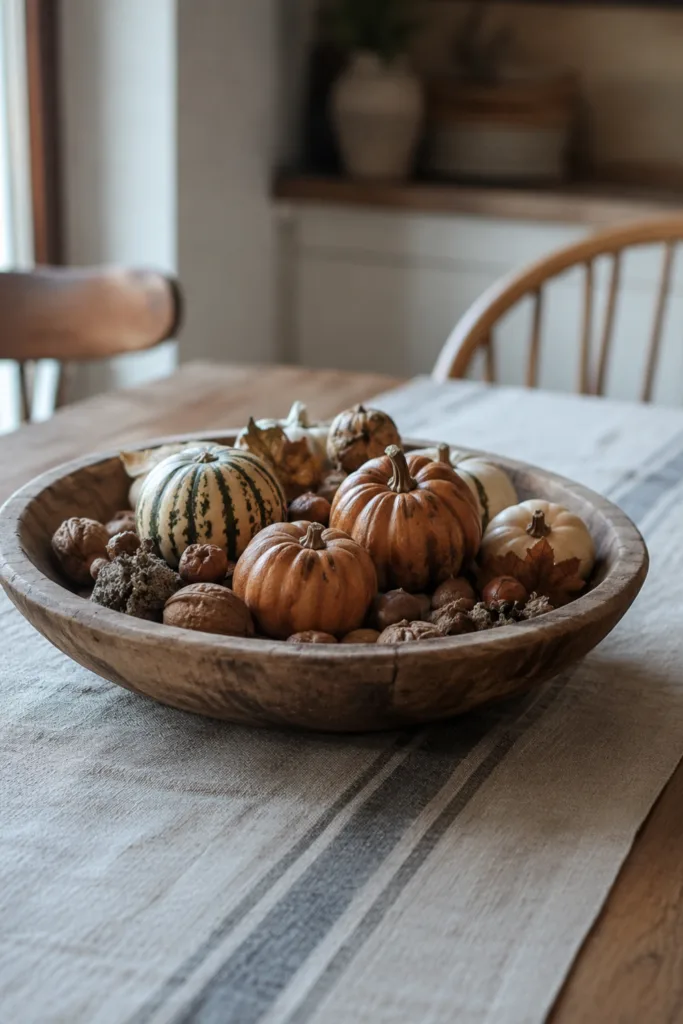 Herbstdeko für den Esstisch – 5 Ideen, die Platz und Gemütlichkeit verbinden Herbstdeko für den Esstisch mit Holzschale, kleinen Kürbissen und Nüssen auf einem Leinenläufer.
