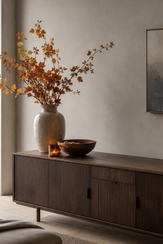 Herbstdeko für das Sideboard mit Vase, Zweigen, Holzschale und Kerze.