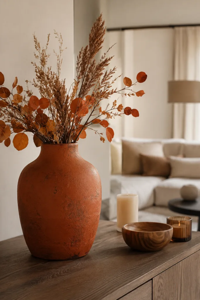 Herbstdeko für das Sideboard mit rostfarbener Vase, Zweigen und warmen Naturtönen.