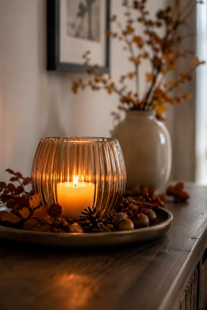 Herbstdeko für das Sideboard mit Kerze im Glas, Naturmaterialien und warmen Farben.