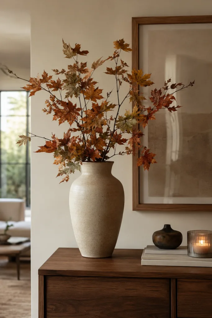 Herbstdeko für das Sideboard mit großer Vase, Herbstzweigen, Kerze und Wandbild.