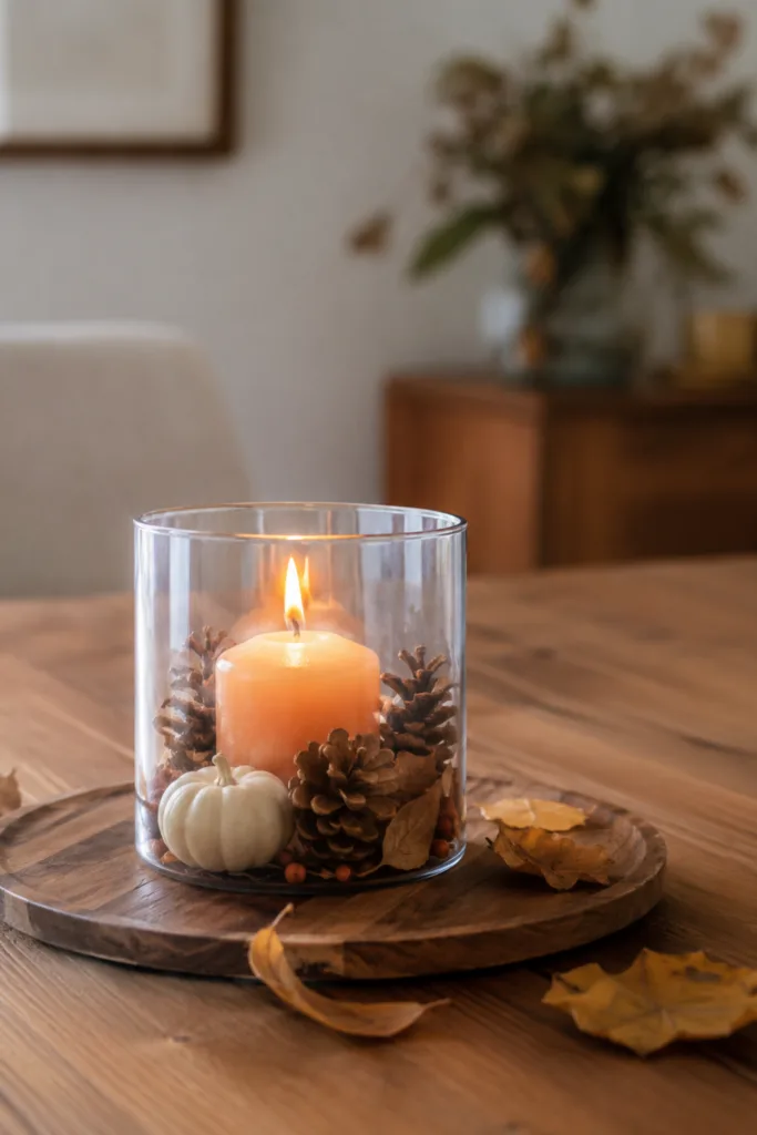 Herbstdeko für den Esstisch – 5 Ideen, die Platz und Gemütlichkeit verbinden Herbstdeko für den Esstisch mit Kerze, Kürbis, Zapfen und Blättern auf einem Holztablett.