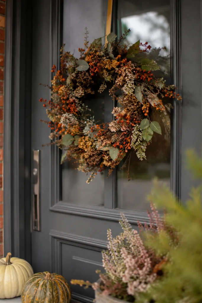 Herbstdeko für die Haustür mit großem Türkranz, Beeren, Zweigen und dezenten Kürbissen.