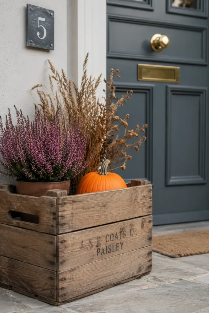 Herbstdeko für die Haustür mit Holzkiste, Heide, Kürbis und getrockneten Gräsern.