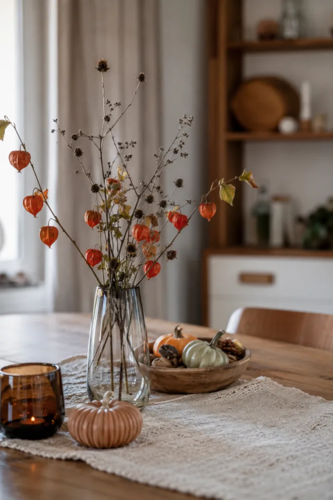 Herbstdeko für den Esstisch – 5 Ideen, die Platz und Gemütlichkeit verbinden Herbstdeko für den Esstisch mit Vase, Zweigen, Lampionblumen und kleinen Kürbissen.