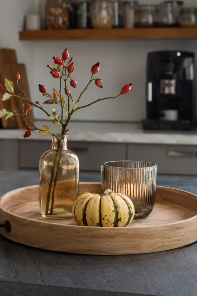 Herbstdeko für die Küche – 5 praktische Ideen ohne volle Arbeitsflächen Herbstdeko für die Küche mit Holztablett, Kürbis, Hagebutten und Kerzenglas.
