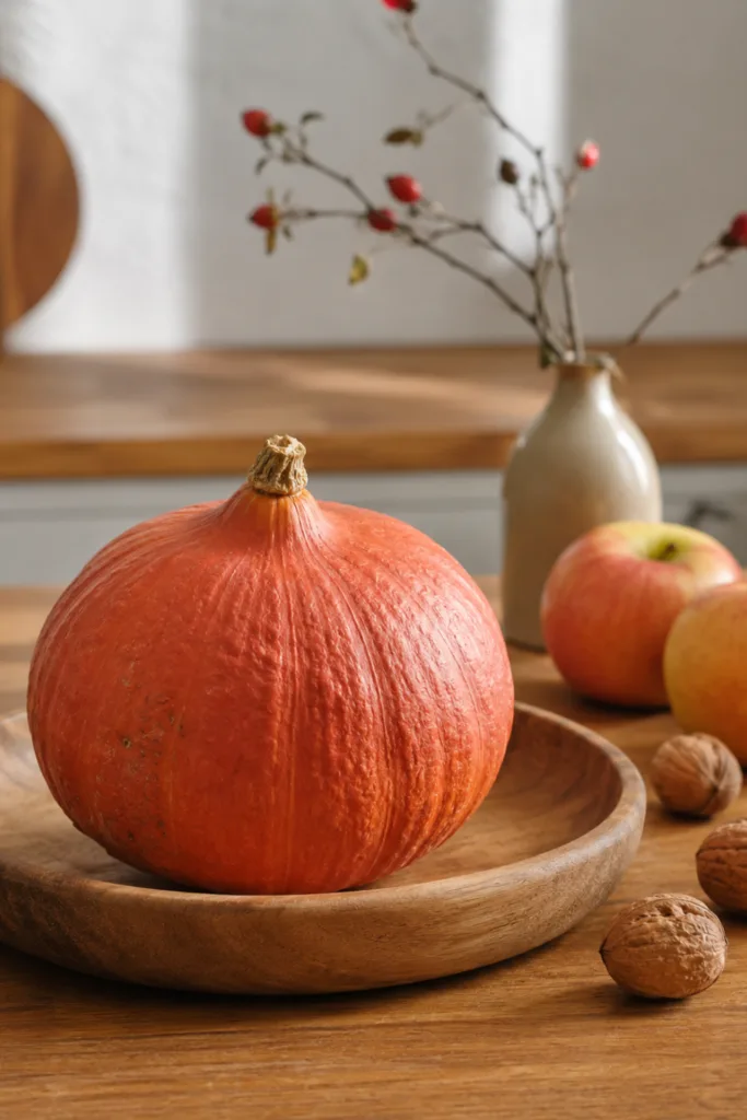 Herbstdeko für die Küche – 5 praktische Ideen ohne volle Arbeitsflächen Herbstdeko für die Küche mit Kürbis, Äpfeln, Walnüssen und Hagebuttenzweigen auf einer Holzfläche.