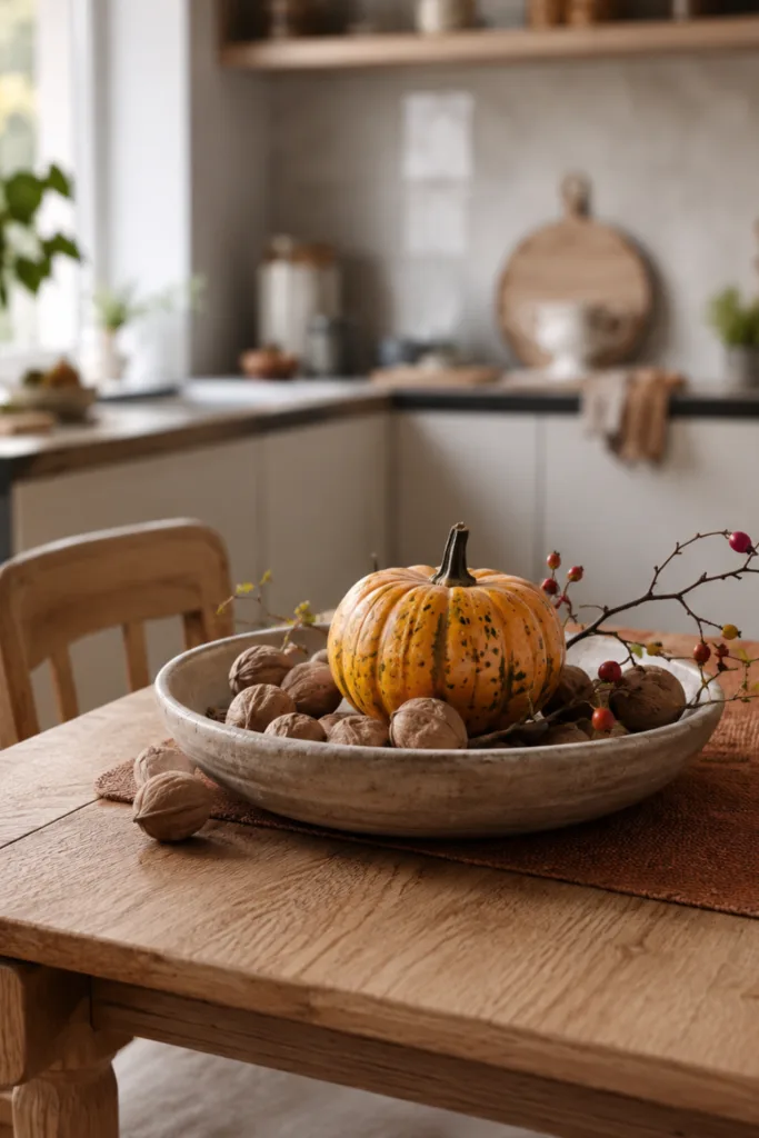 Herbstdeko für die Küche – 5 praktische Ideen ohne volle Arbeitsflächen Herbstdeko für die Küche mit Kürbis, Walnüssen und Zweigen auf einem Holztisch.