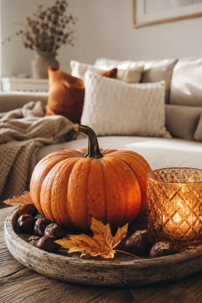 Herbstdeko fürs Wohnzimmer mit Kürbis, Kerze, Blättern und warmen Naturtönen.