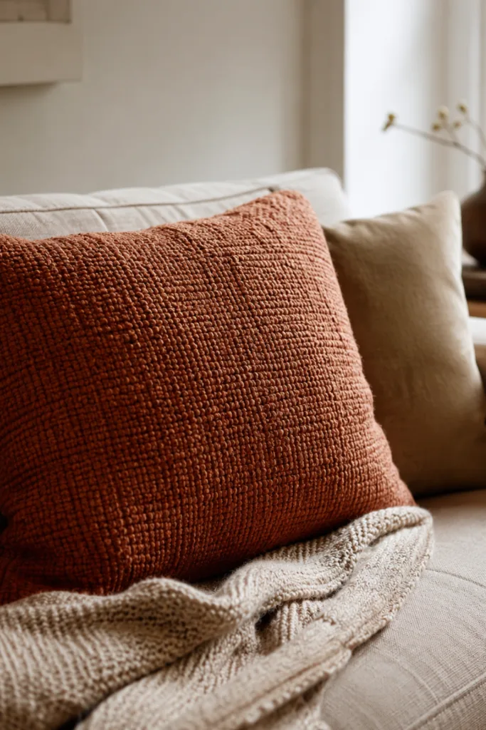Herbstdeko für das Wohnzimmer mit Terrakotta-Kissen und heller Strickdecke auf dem Sofa.