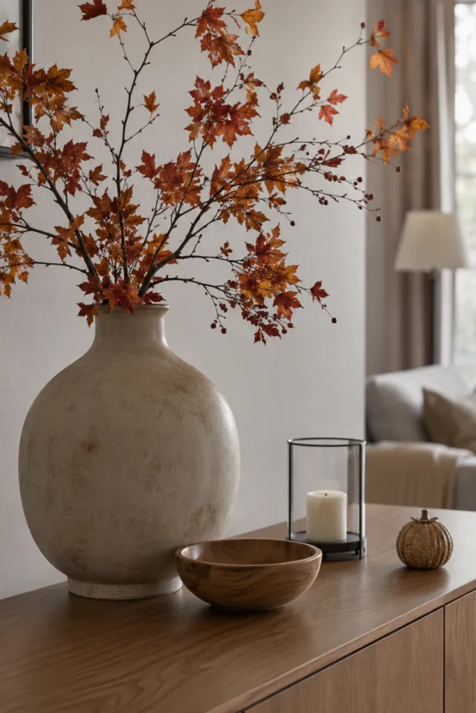 Herbstdeko für das Wohnzimmer mit Keramikvase, Zweigen und Holzschale auf einem Sideboard.