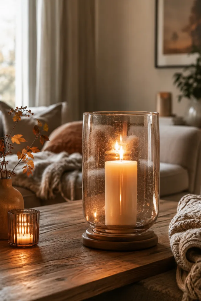 Herbstdeko im Wohnzimmer mit warmem Kerzenlicht, Holztisch und gemütlichen Textilien.
