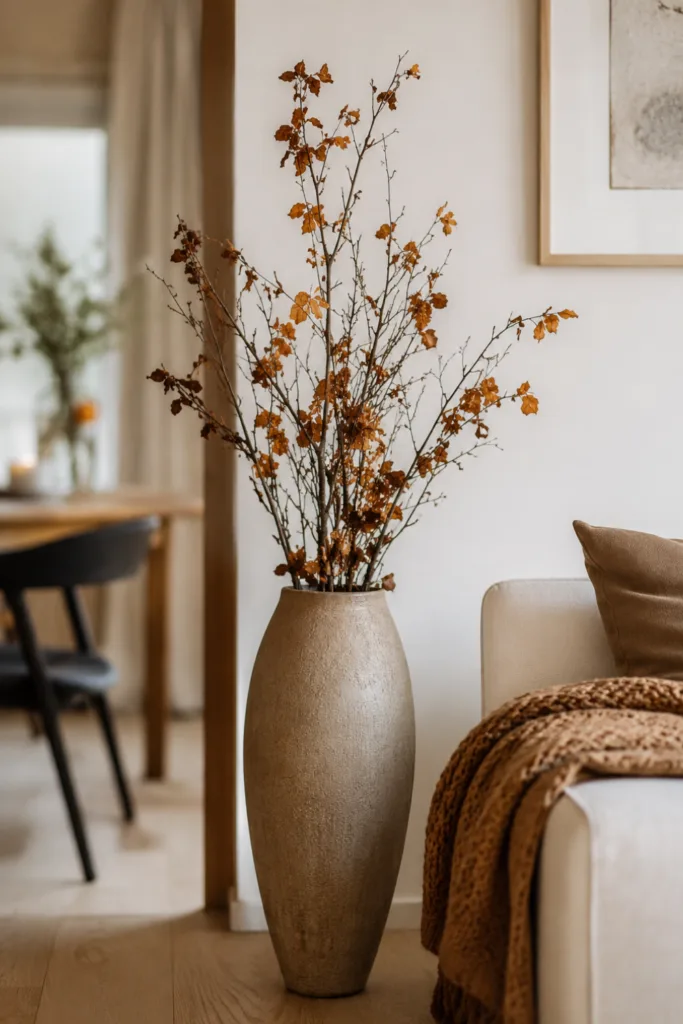 Herbstdeko für das Wohnzimmer mit großer Vase, Zweigen und warmen Naturtönen.
