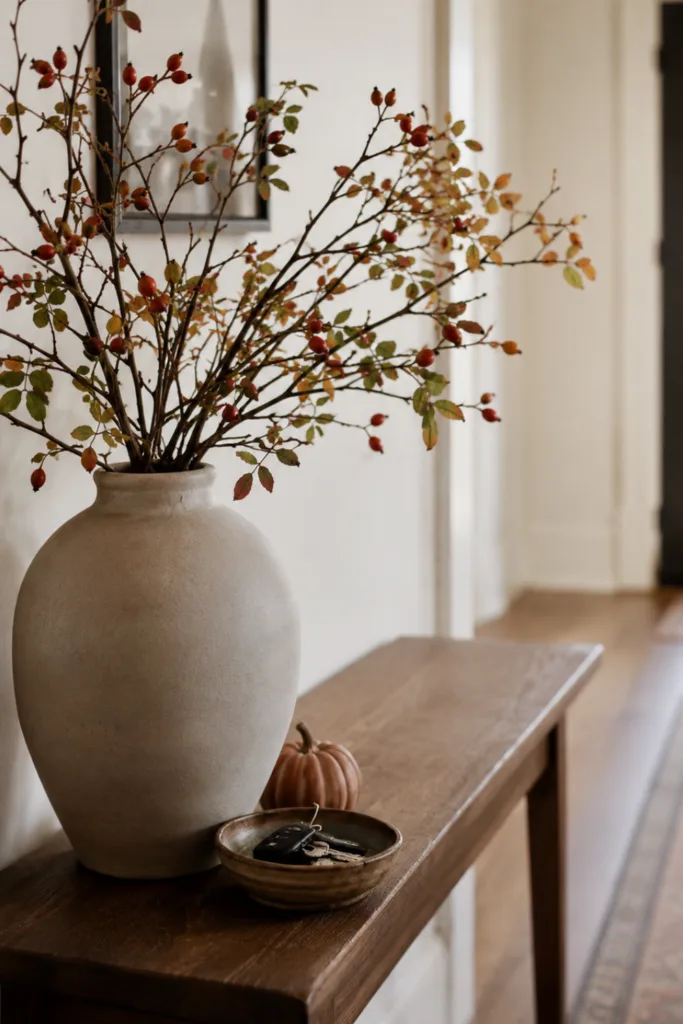 Herbstdeko für den Flur mit Vase, Hagebuttenzweigen, Kürbis und Schlüsselschale.