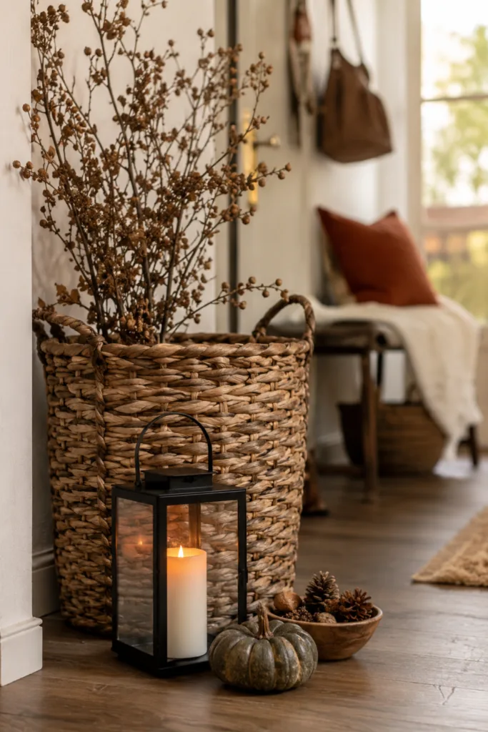 Herbstdeko für den Flur mit Korb, Zweigen, Laterne und Kürbis.
