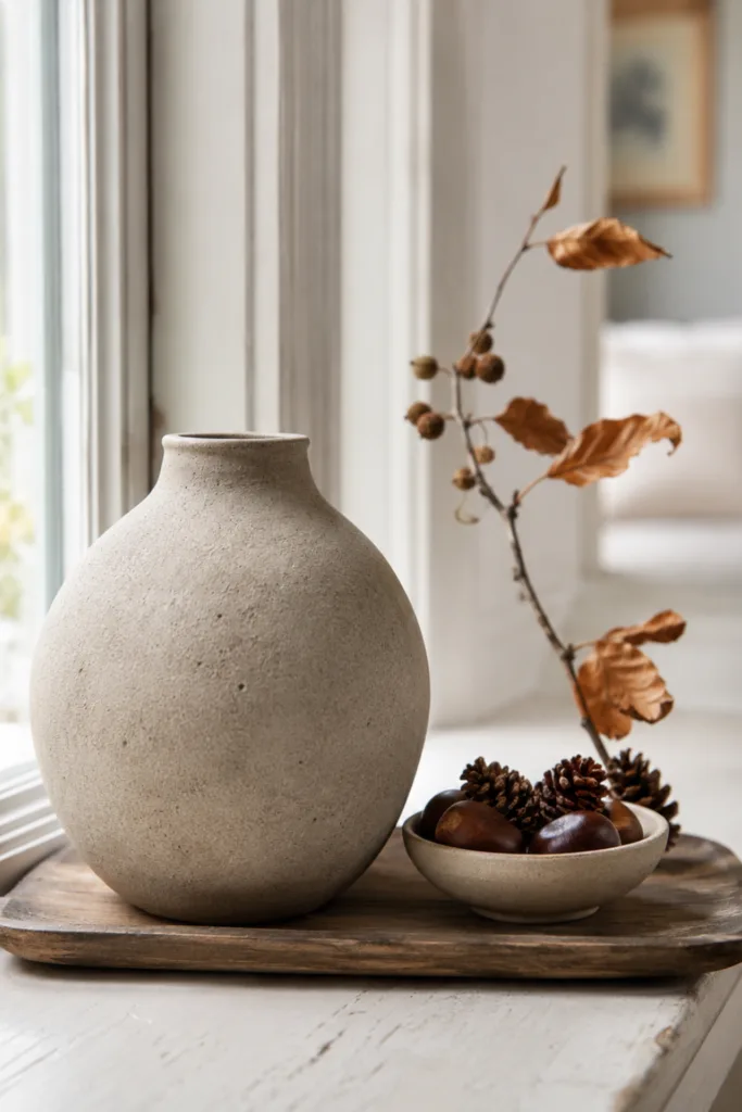 Herbstdeko für die Fensterbank mit Keramikvase, Kastanien, Zapfen und einem herbstlichen Zweig.