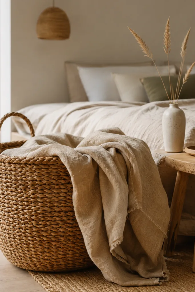 Herbstdeko fürs Schlafzimmer mit Seegraskorb, Leinentuch, Holz und Trockenblumen in warmen Naturtönen.