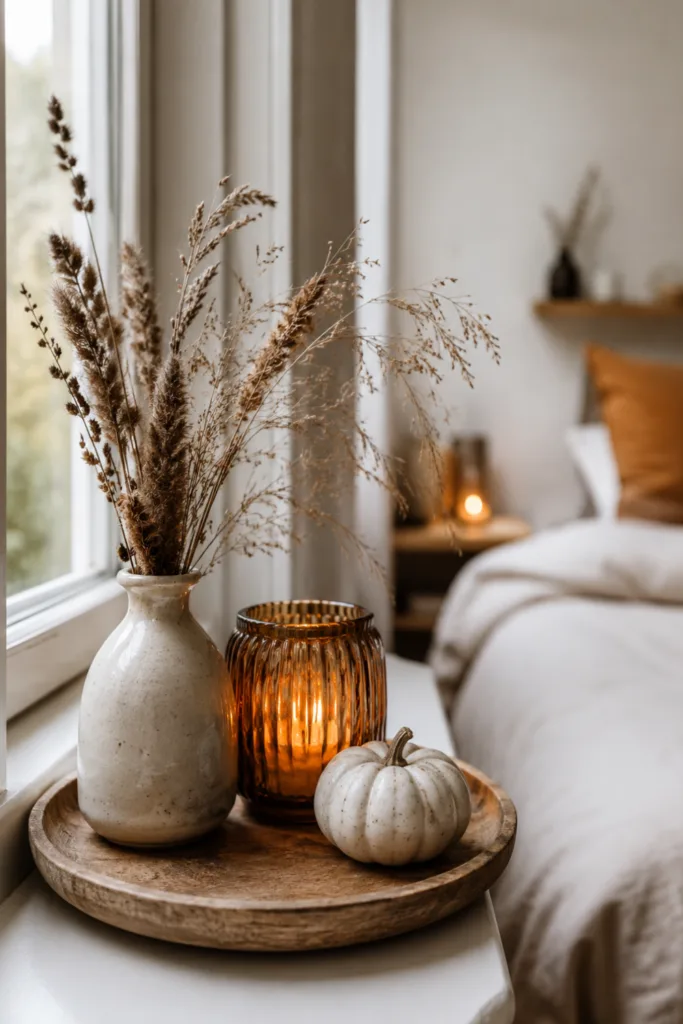 Herbstdeko fürs Schlafzimmer mit Trockenblumen, Windlicht und Kürbis auf der Fensterbank.