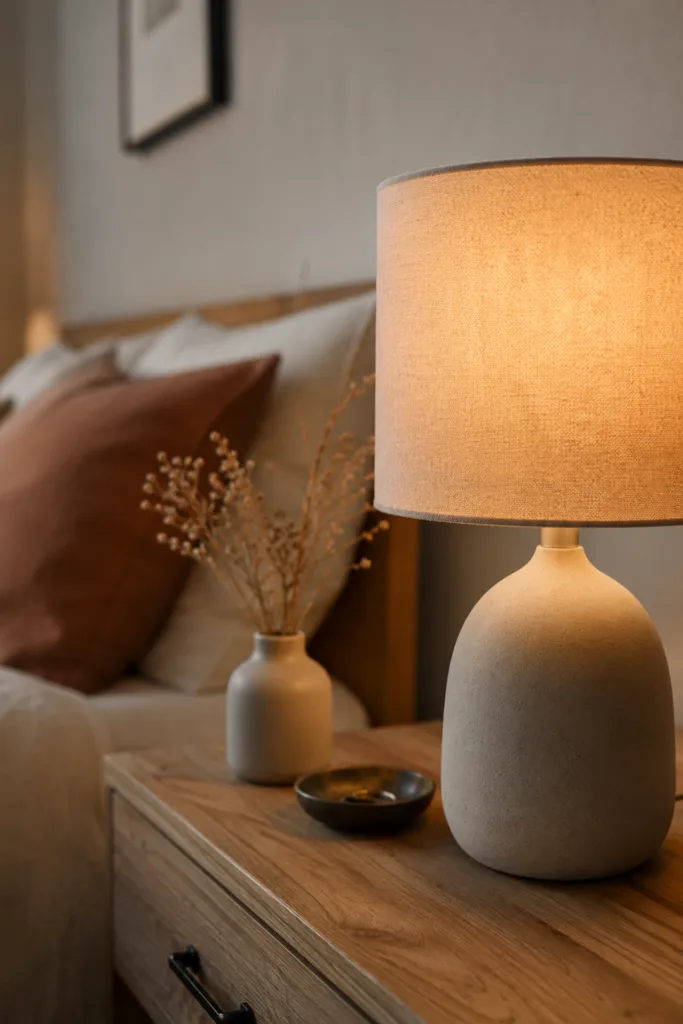 Herbstdeko fürs Schlafzimmer mit warmer Lampe, Holzmöbeln und gemütlichen Textilien.