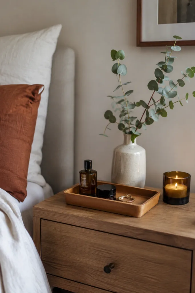 Herbstdeko fürs Schlafzimmer mit Holztablett, Vase und warmen Textilien.