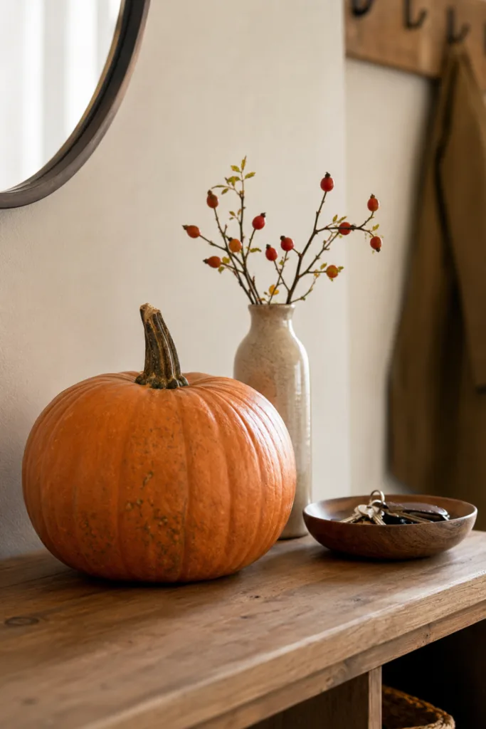 Herbstdeko für die Garderobe mit Kürbis, Vase mit Hagebutten und Holzschale auf einer Holzablage.