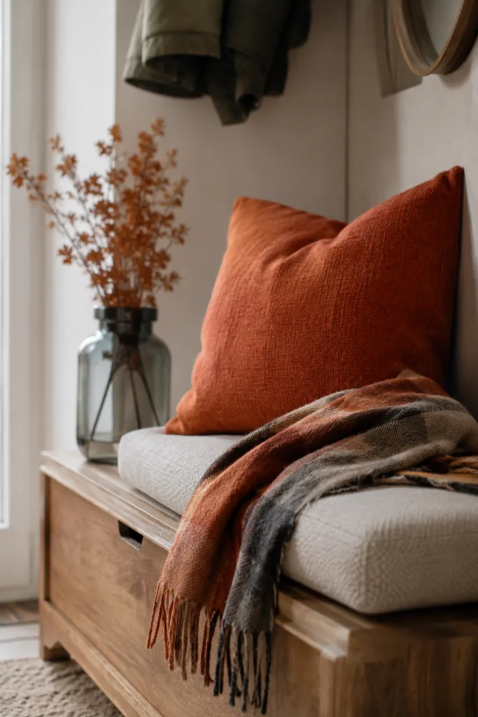 Herbstdeko für die Garderobe mit Holzbank, rostfarbenen Kissen, Decke und Trockenblumen.