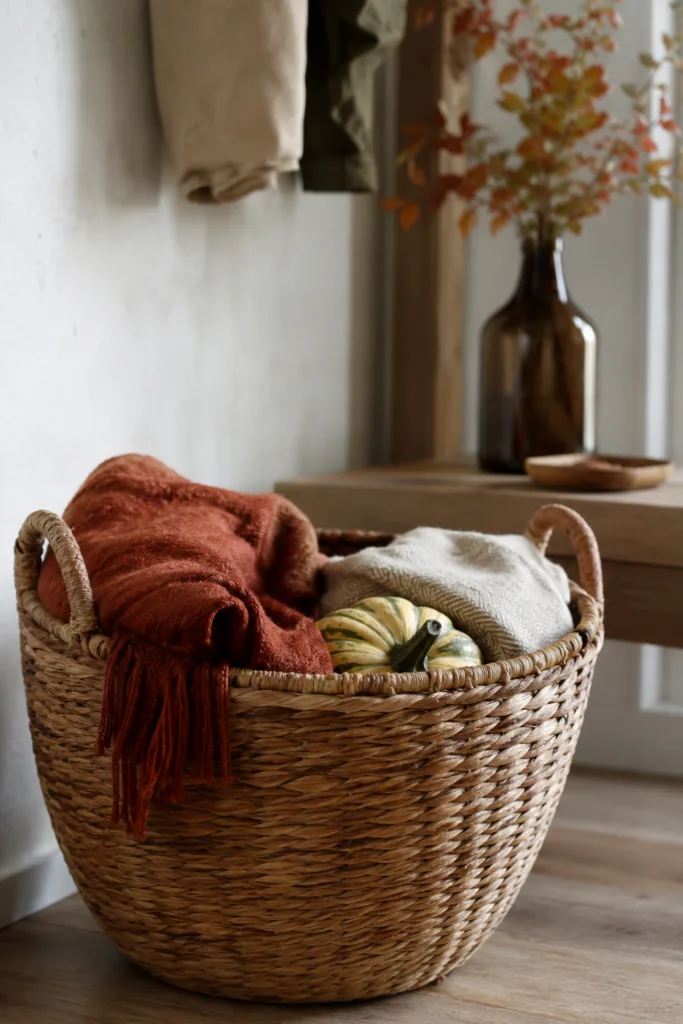 Herbstdeko für die Garderobe mit Flechtkorb, warmen Textilien und kleinem Kürbis.