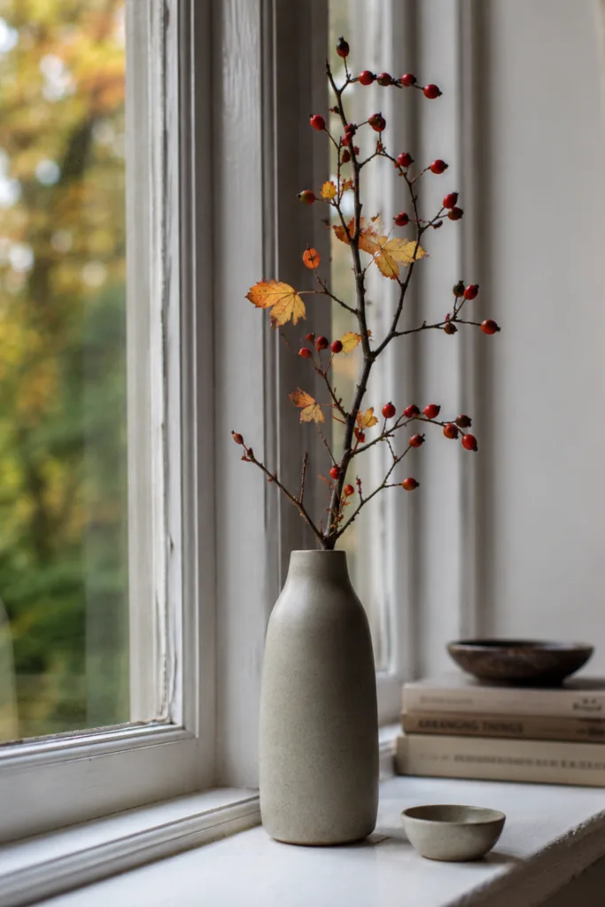 Herbstdeko für die Fensterbank mit Hagebuttenzweigen in einer schlichten Keramikvase.