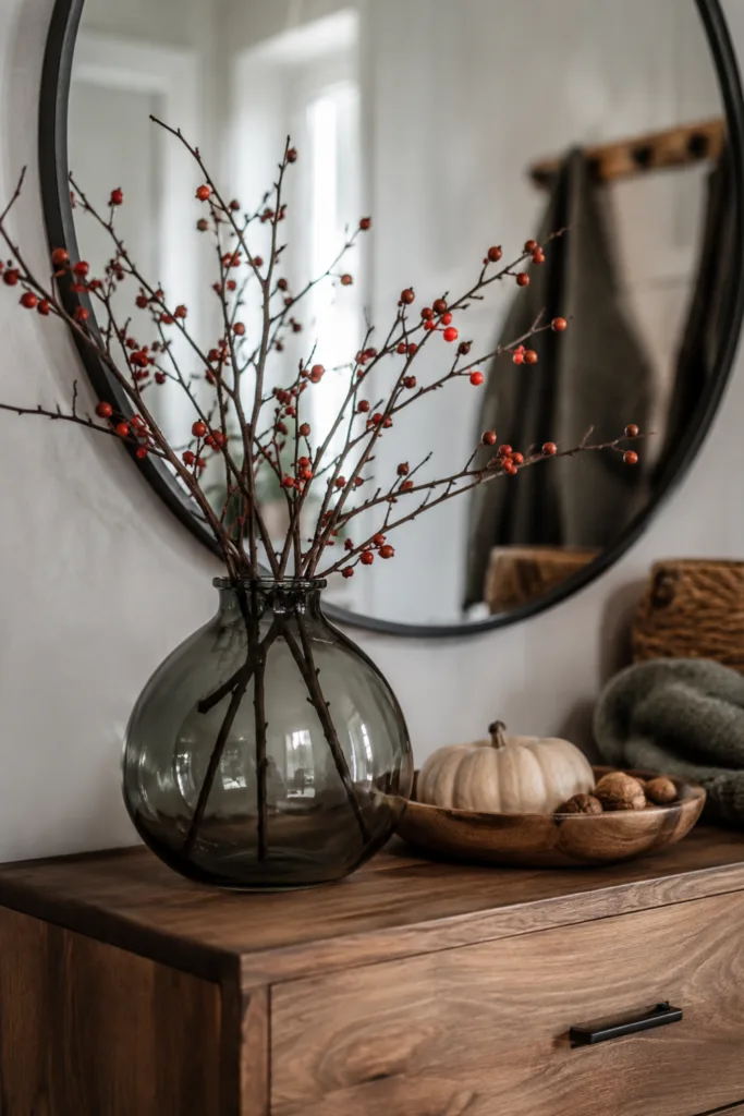 Herbstdeko für die Garderobe mit Spiegel, Holzkommode, Beerzweigen und kleinem Kürbis.