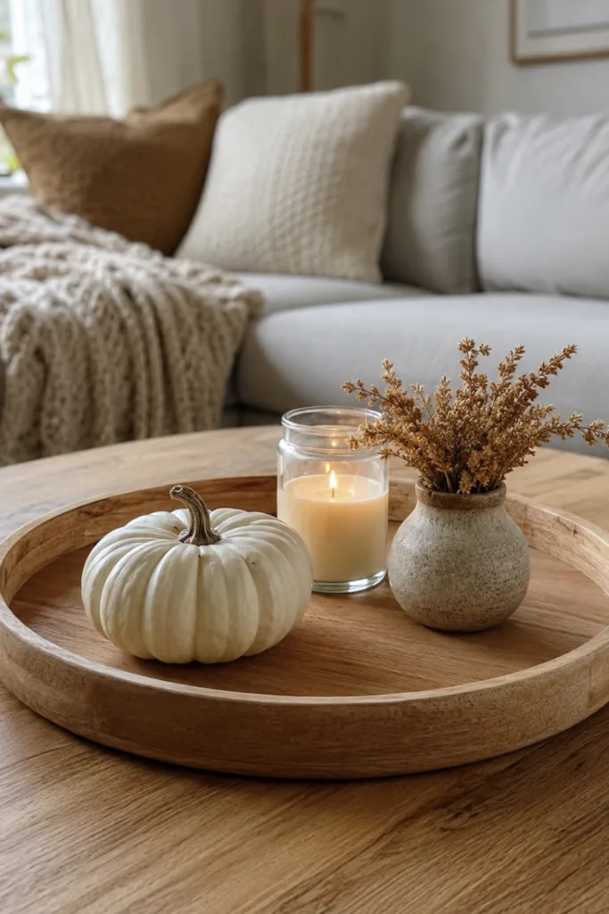 Herbstdeko für den Couchtisch mit Holztablett, weißem Kürbis, Kerze und kleiner Vase im Wohnzimmer.