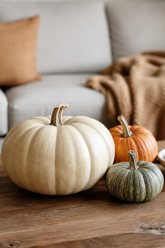 Herbstdeko für den Couchtisch mit kleinen Kürbissen auf einem Holztisch im gemütlichen Wohnzimmer.