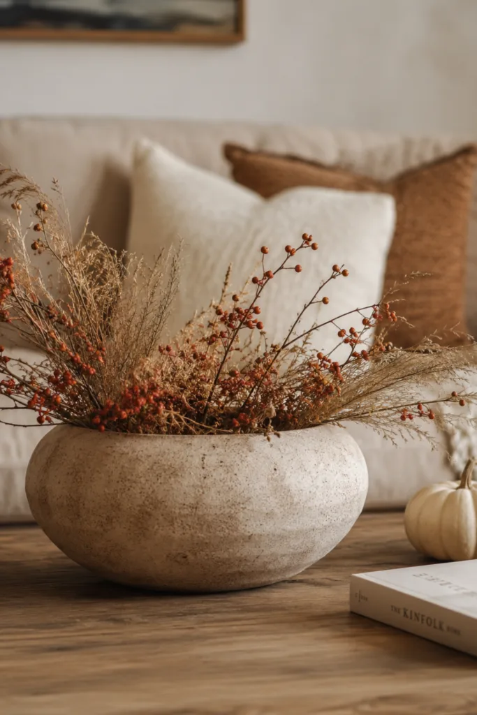 Herbstdeko für den Couchtisch mit Zweigen, Gräsern und Keramikvase.
