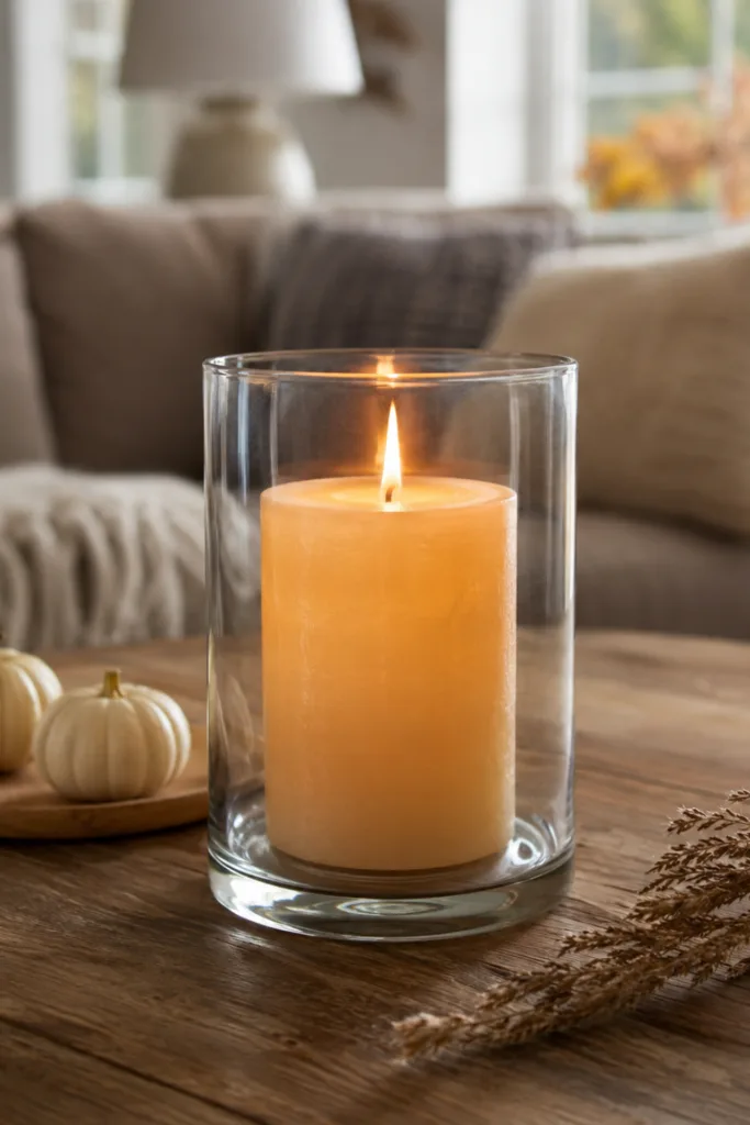 Herbstdeko für den Couchtisch mit Kerze im Glas, kleinen Kürbissen und warmem Licht im Wohnzimmer.