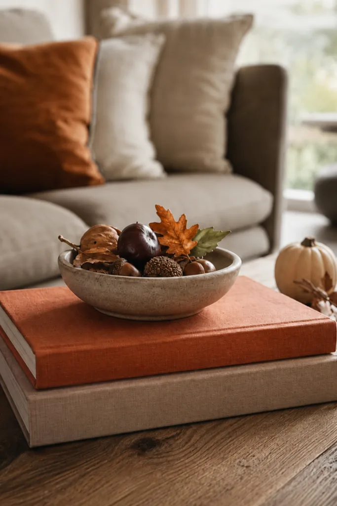 Herbstdeko für den Couchtisch mit Büchern, Keramikschale, Kastanien und kleinem Kürbis im Wohnzimmer.