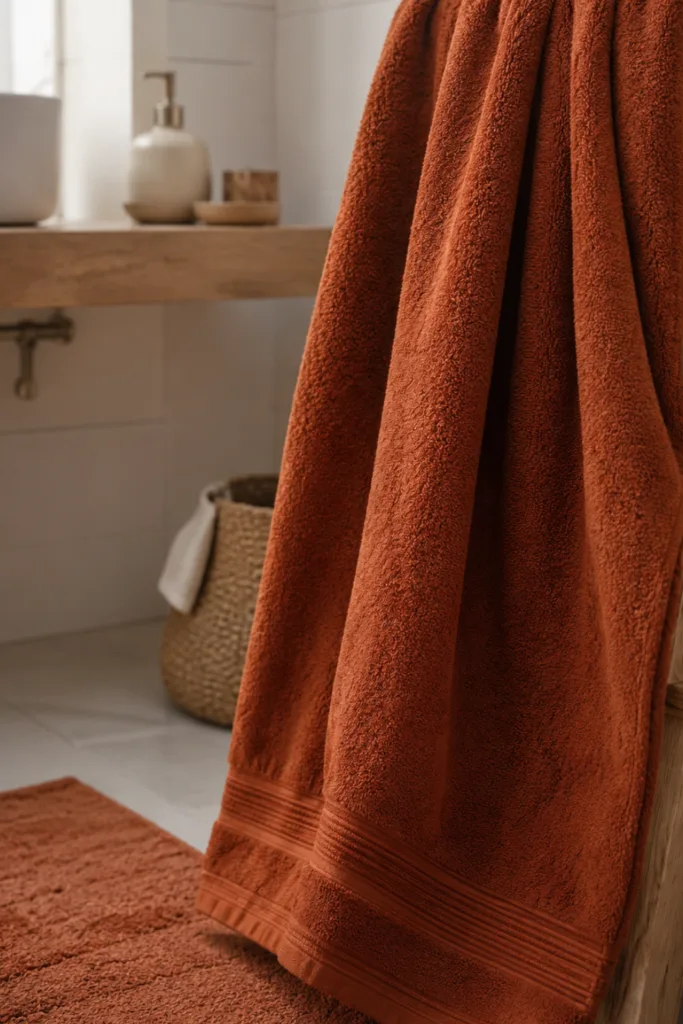 Herbstdeko für das Badezimmer mit rostroten Handtüchern, Holzleiter und warmen Naturtönen.