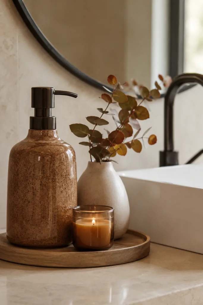 Herbstdeko für das Badezimmer mit kleinem Arrangement aus Seifenspender, Vase und Kerze am Waschbecken.
