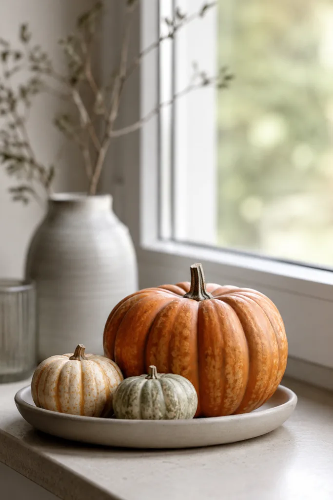 Herbstdeko für die Fensterbank mit drei kleinen Kürbissen auf einer Keramikschale.