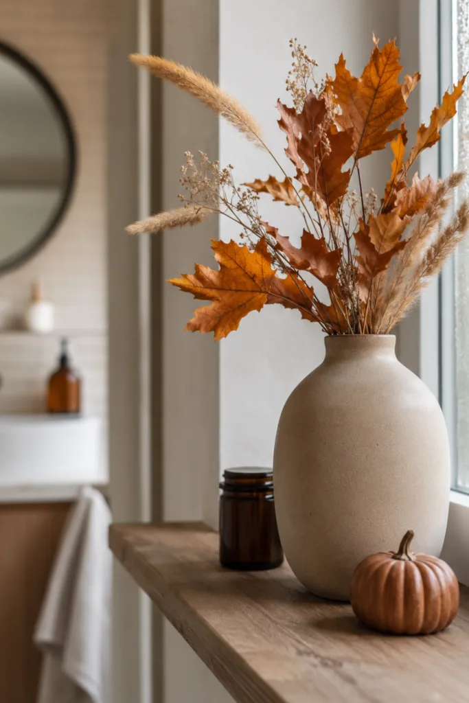 Herbstdeko für das Badezimmer mit Vase, Trockenblumen und kleinem Kürbis auf der Fensterbank.
