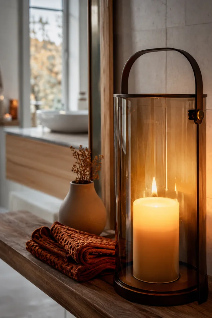 Herbstdeko im Badezimmer mit warmer Laterne, Kerze und natürlichen Textilien für gemütliche Lichtstimmung.