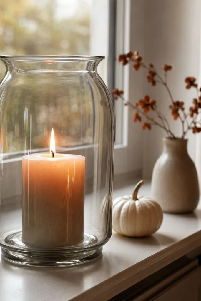 Herbstdeko für die Fensterbank mit Windlicht, Kerze, Kürbis und Trockenblumen.