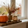 Herbstdeko für die Fensterbank selber machen mit Kürbis, Glasvase, Trockenblumen und Kerzenlicht