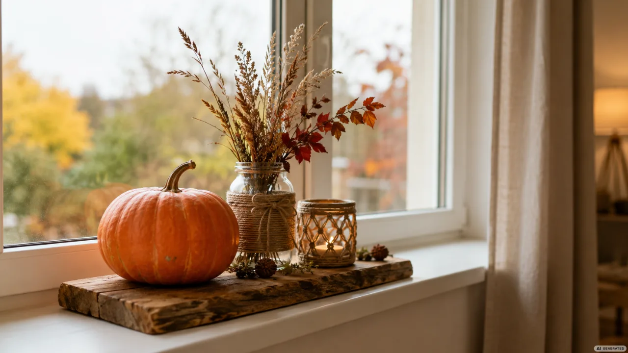 Herbstdeko für die Fensterbank selber machen mit Kürbis, Glasvase, Trockenblumen und Kerzenlicht