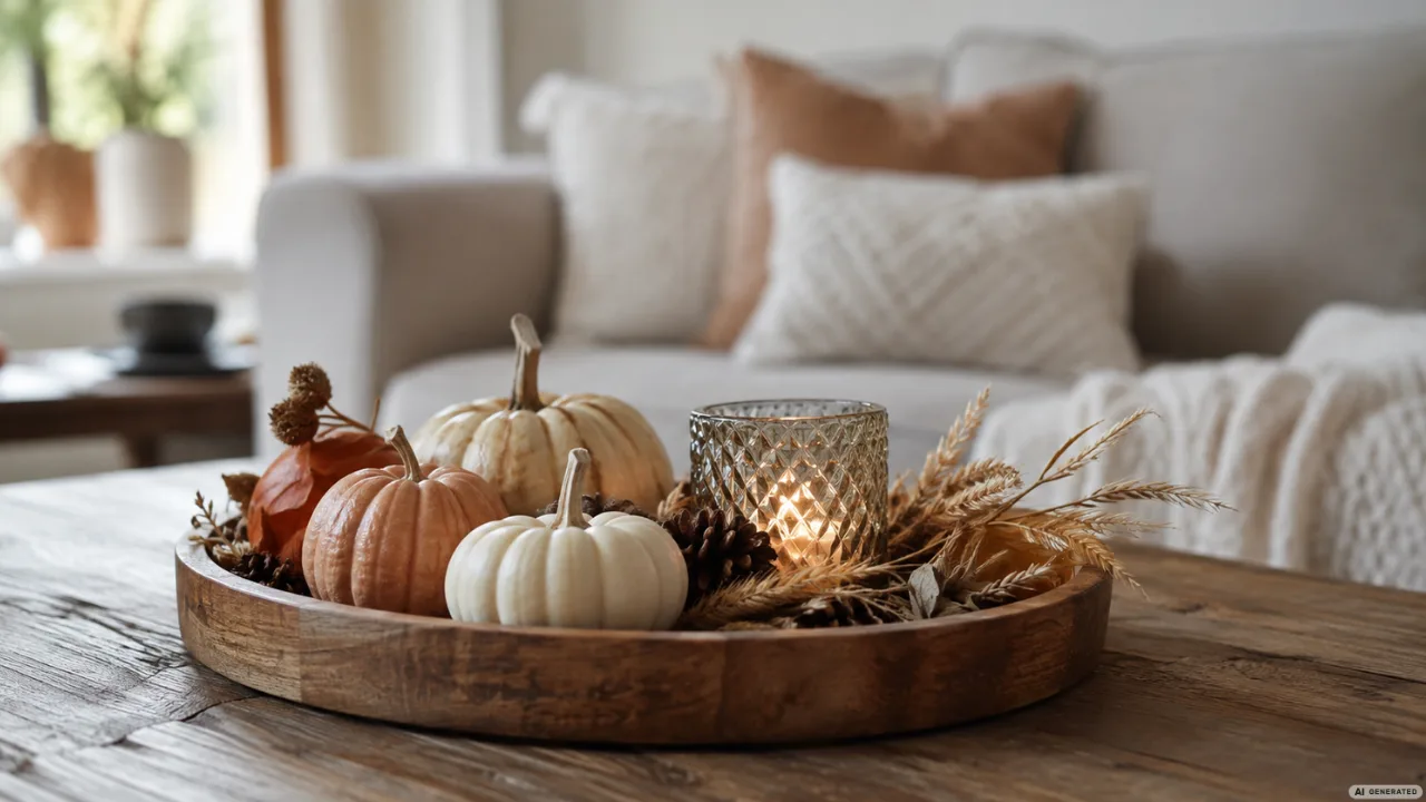Herbstdeko für den Couchtisch selber machen mit Kürbissen, Kerzenglas und Naturmaterialien im Wohnzimmer.